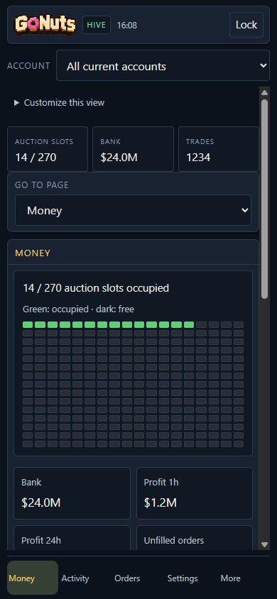Phone Money page with an occupied and free slot grid and readable metric cards
