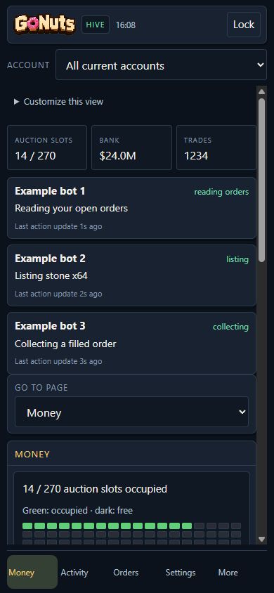 Phone panel with compact navigation and separate activity cards for three example bots