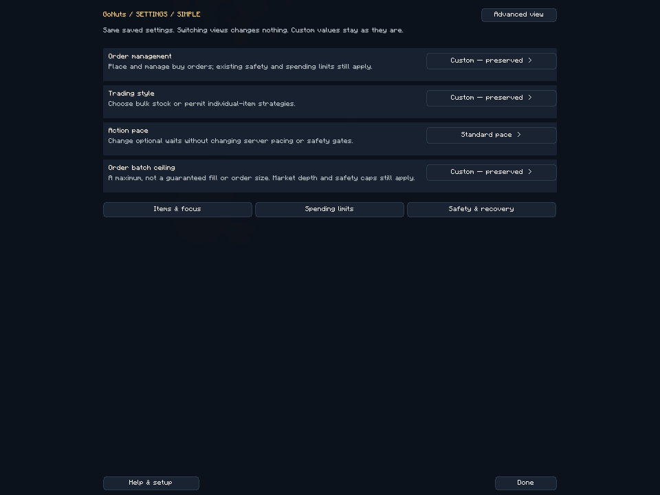 Simple settings contained within a compact Minecraft window