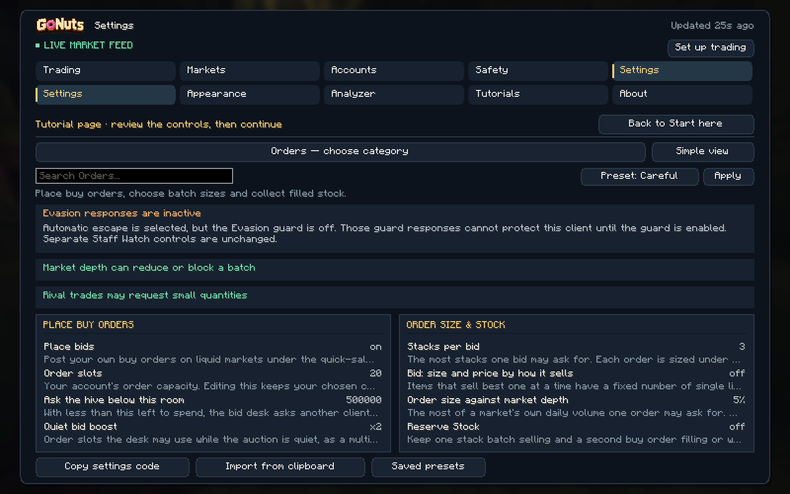 Advanced settings with the Orders category selected