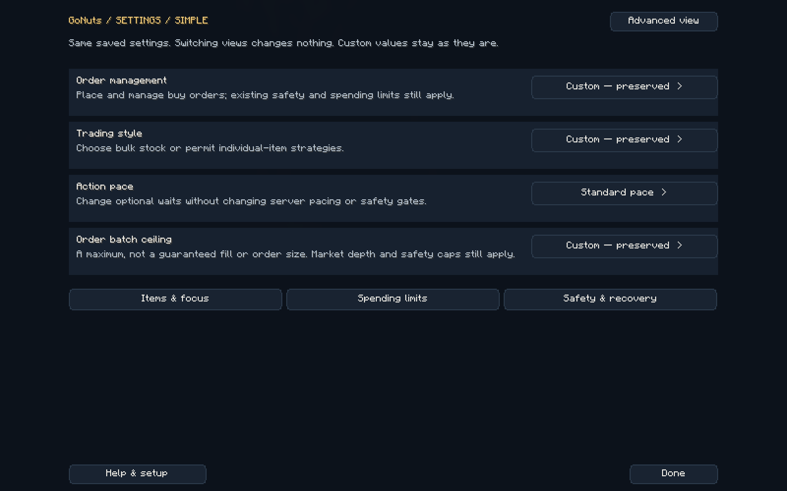 Current Simple settings with four groups, Advanced view and Help and setup